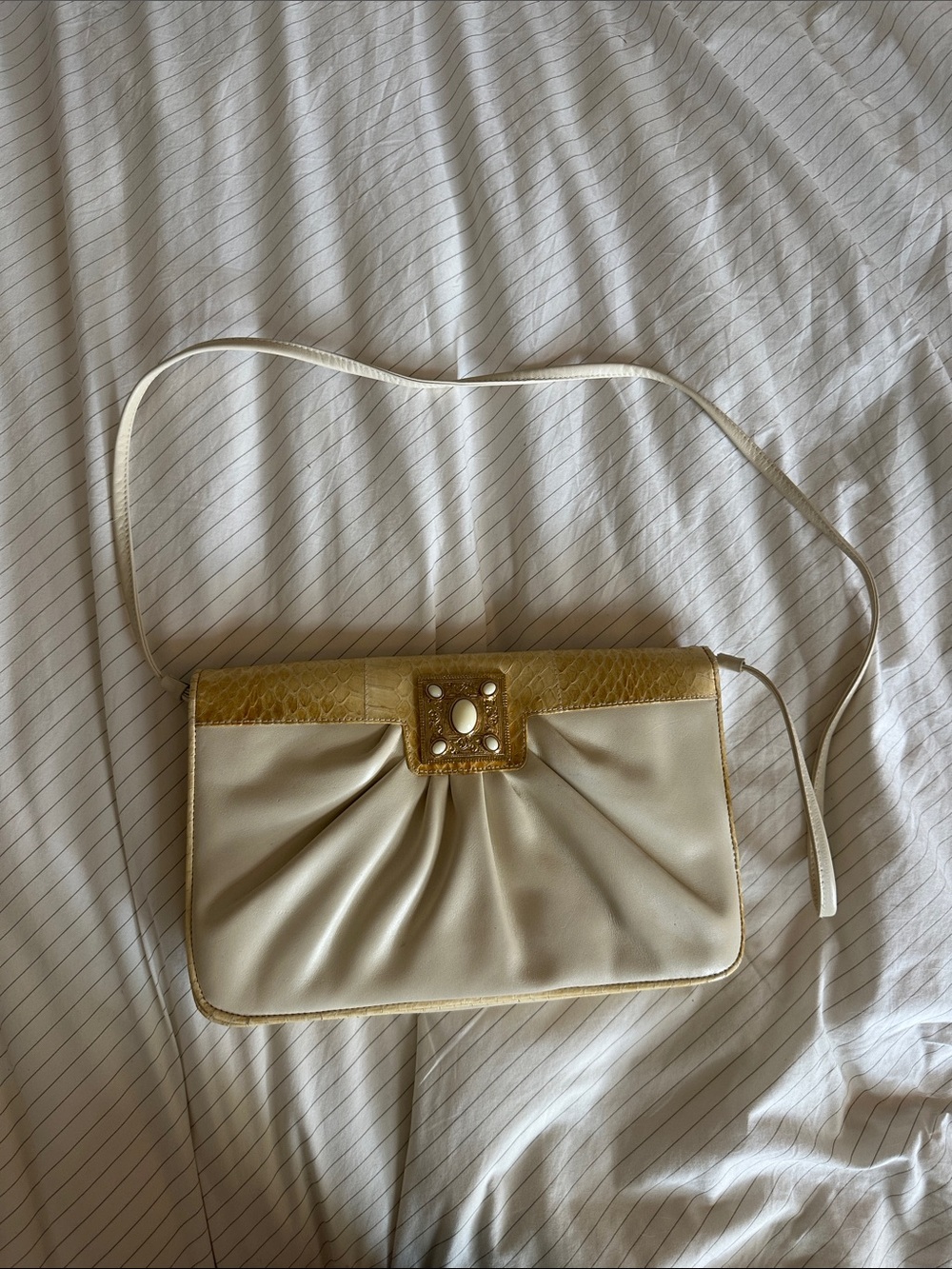 Vintage Pantera Cream Leather Pleated Shoulder Bag Clutch Mixed Reptile Print